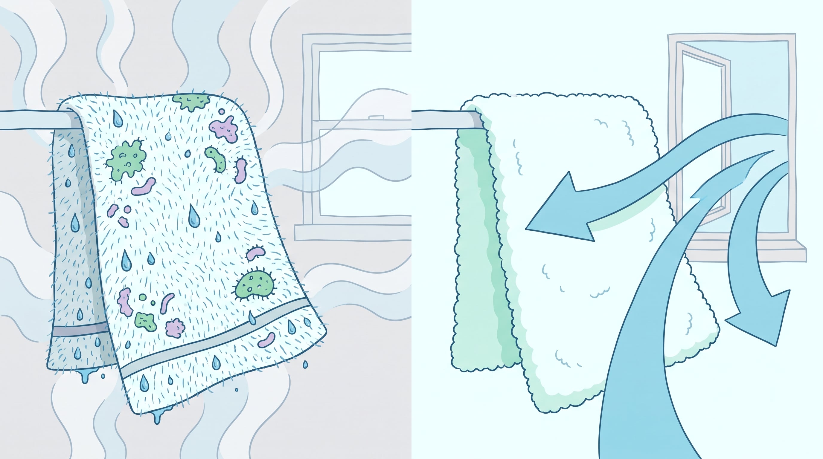 Una ilustración compara una toalla húmeda con bacterias en un ambiente cerrado y una toalla seca y limpia gracias a la ventilación de una ventana abierta. (Imagen Ilustrativa Infobae)
