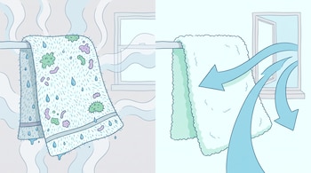 Toalla húmeda con gotas de agua, moho y vapor en un baño con ventana cerrada; al lado, toalla seca con ventilación de aire de una ventana abierta.