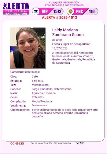 Las autoridades difundieron la descripción física de Leidy Mariana Zambrano Suárez y habilitaron la línea 1572, en un contexto de aumento del turismo internacional en Guatemala.