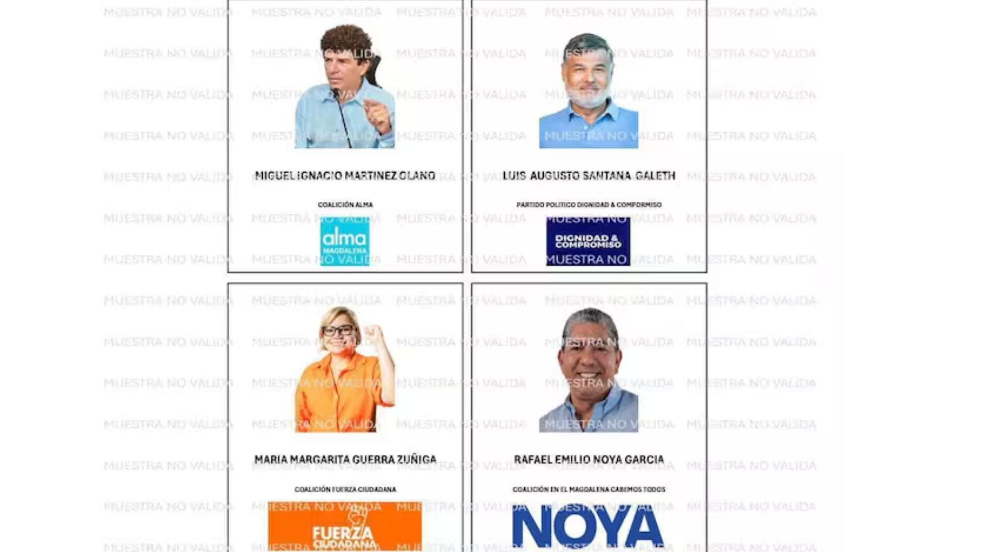 Los cuatro candidatos en contienda, María Margarita Guerra Zúñiga, Miguel Ignacio Martínez Olano, Luis Augusto Santana Galeth y Rafael Emilio Noya García. - crédito Registraduría
