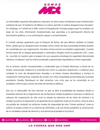 Somos México califica como “inédita” la decisión de la ONU de llevar el caso de desapariciones a la Asamblea General.