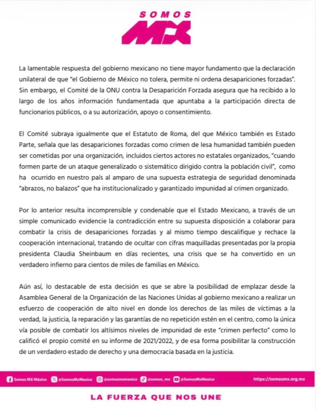 Somos México califica como “inédita” la decisión de la ONU de llevar el caso de desapariciones a la Asamblea General.