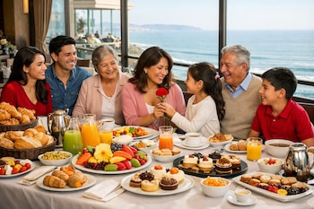 Familia peruana de varias generaciones en un desayuno buffet frente al océano. Una niña entrega una flor roja a su madre en una mesa con comida variada.