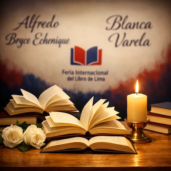 Libros abiertos, dos rosas blancas, vela encendida en mesa. Fondo: nombres Alfredo Bryce Echenique, Blanca Varela, logo Feria Internacional del Libro de Lima.