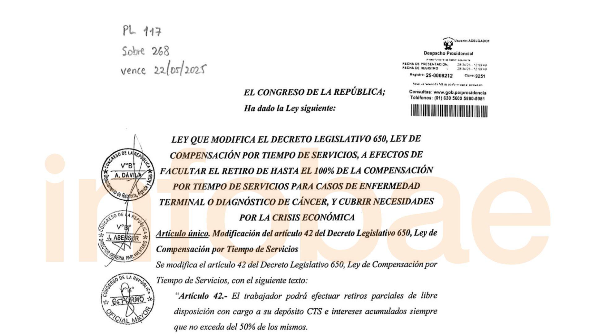 Tal como había calculado Infobae Perú anteriormente, el Congreso apunta que el plazo para la autógrafa del retiro CTS es hasta el 22 de mayo. - Crédito Captura del Congreso