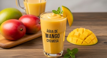 Un vaso alto con agua de mango cremosa y espesa, adornado con una rodaja de mango y una hoja de menta. Mangos enteros y troceados están en una mesa de madera.