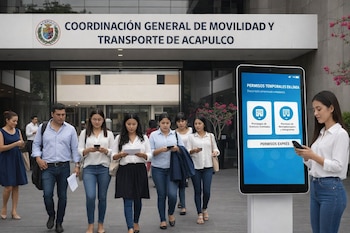 Fachada de la Coordinación General de Movilidad y Transporte de Acapulco, varias personas con teléfonos móviles y un tótem digital que anuncia permisos en línea.