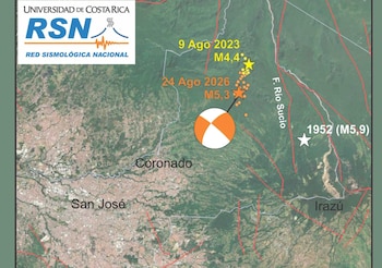 La secuencia sísmica fue localizada unos 10 kilómetros al norte de Cascajal de Coronado, en la provincia de San José. Crédito: RSN