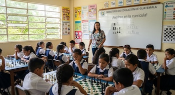 En un aula luminosa, una maestra observa a varios niños y niñas con uniformes escolares jugando ajedrez en mesas individuales. Un pizarrón blanco con texto es visible al fondo.
