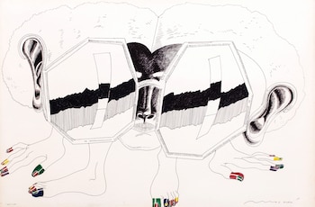 Dibujo en tinta de una figura con anteojos hexagonales, orejas grandes, manos y pies con uñas coloreadas sobre un fondo blanco