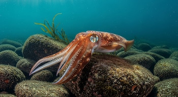 Primer plano de un calamar marrón rojizo con patrones blancos, reposando sobre una roca grande y oscura en el fondo del mar, rodeado de rocas redondas y algas.