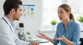 Un médico con guardapolvo blanco escucha a una mujer de camisa azul que gesticula con las manos en un consultorio.