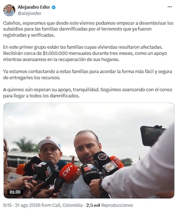 Alcalde de Cali anuncia subsidio mensual para más de 11.000 familias afectadas por emergencias - crédito @alejoeder/X