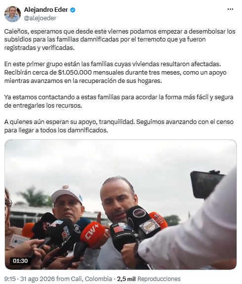 Alcalde de Cali anuncia subsidio mensual para más de 11.000 familias afectadas por emergencias - crédito @alejoeder/X