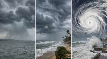 Imagen triple: Depresión tropical con lluvia sobre el mar. Tormenta con palmeras dobladas y olas en una playa. Huracán visto del espacio y olas gigantes en la costa.