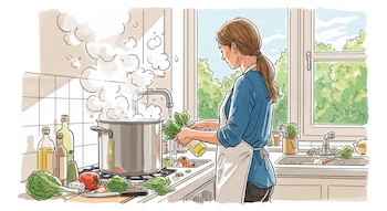 Ilustración de mujer lavando vegetales bajo el grifo en una cocina luminosa con olla humeante. Se ven botellas, tabla de cortar y árboles por la ventana.