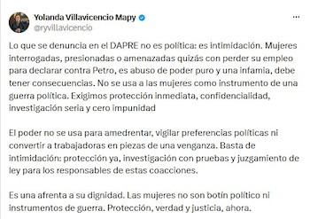 La excanciller Rosa Yolanda Villavicencio, que hizo parte del gobierno del expresidente Gustavo Petro, cuestionó las denuncias sobre una presunta red de mujeres que ejercían prostitución en la Casa de Nariño - crédito @ryvillavicencio/X