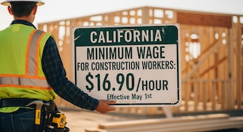 Vista trasera de un trabajador de construcción con casco y chaleco de seguridad que sostiene un cartel con el salario mínimo de California.