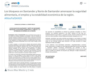 La Andi señaló que los bloqueos amenazaban la seguridad alimentaria, el empleo y la estabilidad económica de la región - crédito Andi