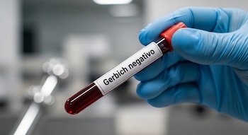 Una mano enguantada de azul sostiene un tubo de ensayo de sangre con una etiqueta que dice 'Gerbich negativo'. El fondo es un laboratorio moderno y difuso.