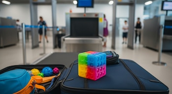 Un cubo de juguete de goma de colores sobre una maleta abierta, con otros juguetes infantiles, y máquinas de escaneo de fondo en un aeropuerto.