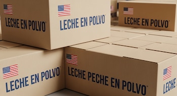 Cajas de cartón apiladas, con la inscripción LECHE EN POLVO y la bandera de Estados Unidos. Una caja lleva la inscripción LECHE PECHE EN POLVO.