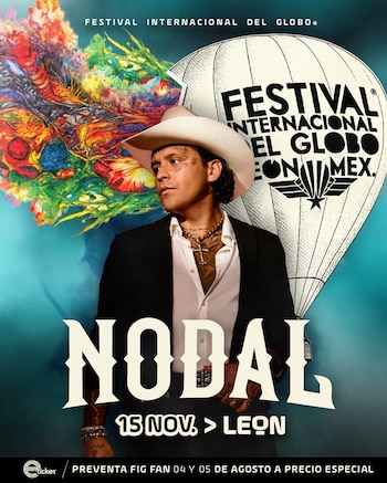 Cartel con el nombre NODAL, un hombre con sombrero vaquero y tatuajes, un globo aerostático, formas abstractas y texto promocional