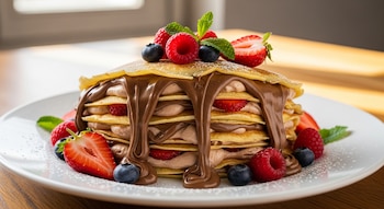 Primer plano de un plato blanco con pila de crepas rellenas de crema de avellanas, cubiertas con chocolate, fresas, frambuesas, arándanos y menta.