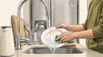 Unas manos lavan un plato blanco con una esponja verde debajo de un grifo abierto en un fregadero de cocina.