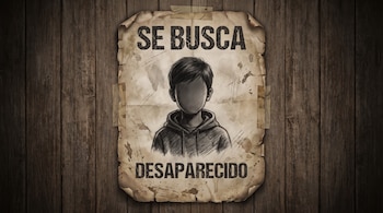 Cartel desgastado con el texto "SE BUSCA" y "DESAPARECIDO", muestra la silueta sin rostro de un niño. Está pegado a una pared de tablas de madera.