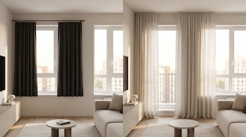 Dos imágenes de un salón: a la izquierda con cortinas oscuras cortas y a la derecha con cortinas claras hasta el suelo.