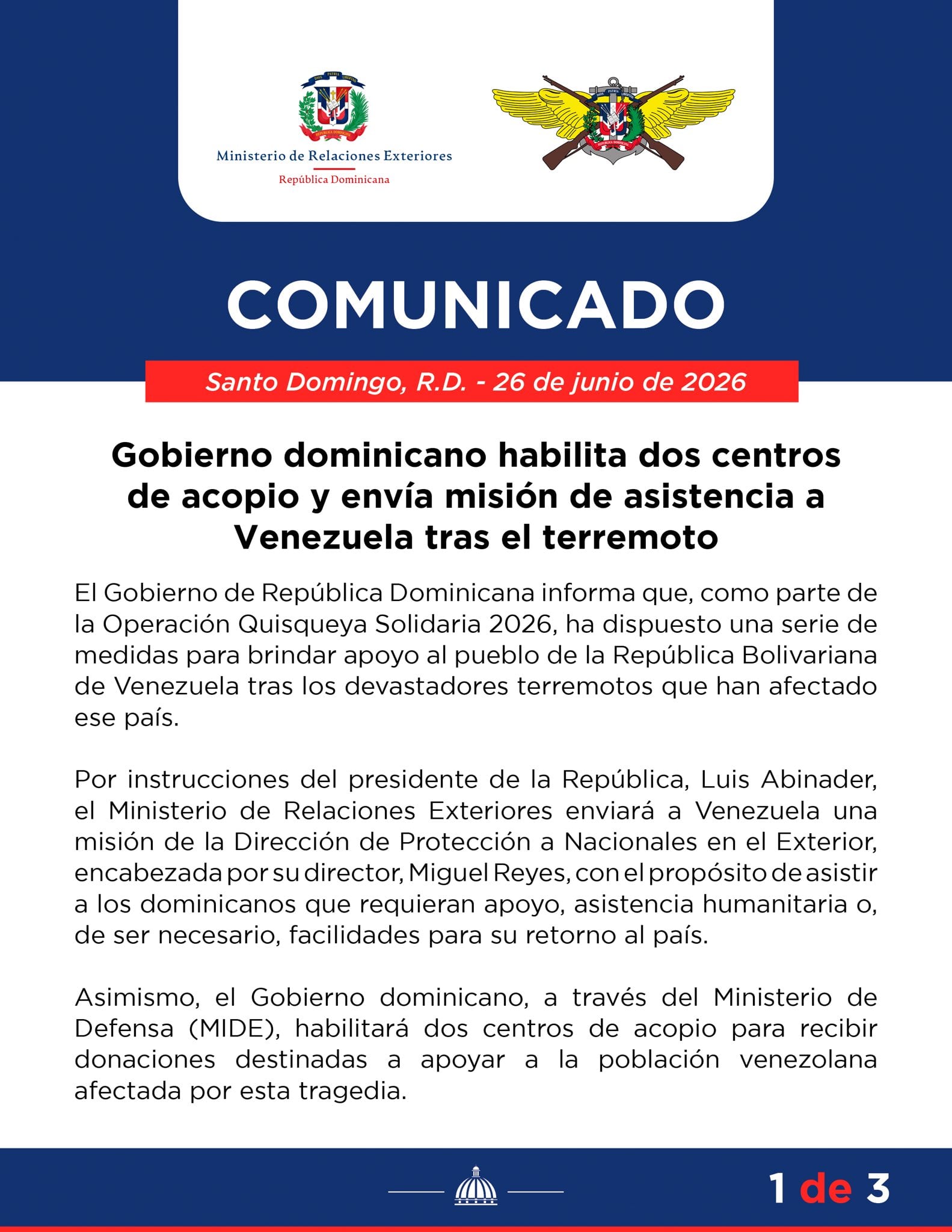 Comunicado oficial del Ministerio de Relaciones Exteriores y Defensa de República Dominicana sobre la habilitación de centros de acopio y la misión de asistencia enviada a Venezuela tras los terremotos.