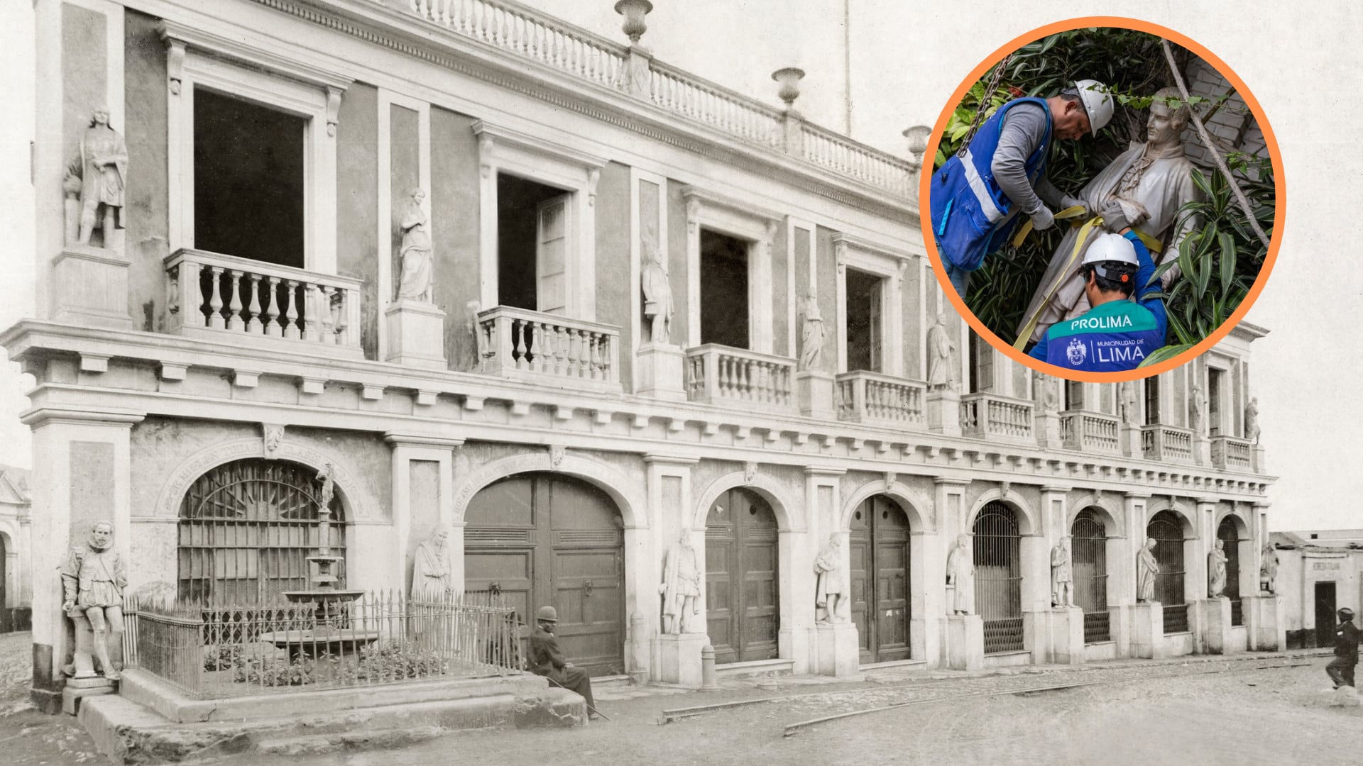Prolima busca recuperar la presencia de las 18 esculturas de mármol que decoraron la fachada del Molino de Santa Clara mediante réplicas y la recuperación de piezas originales. Composición: Infobae