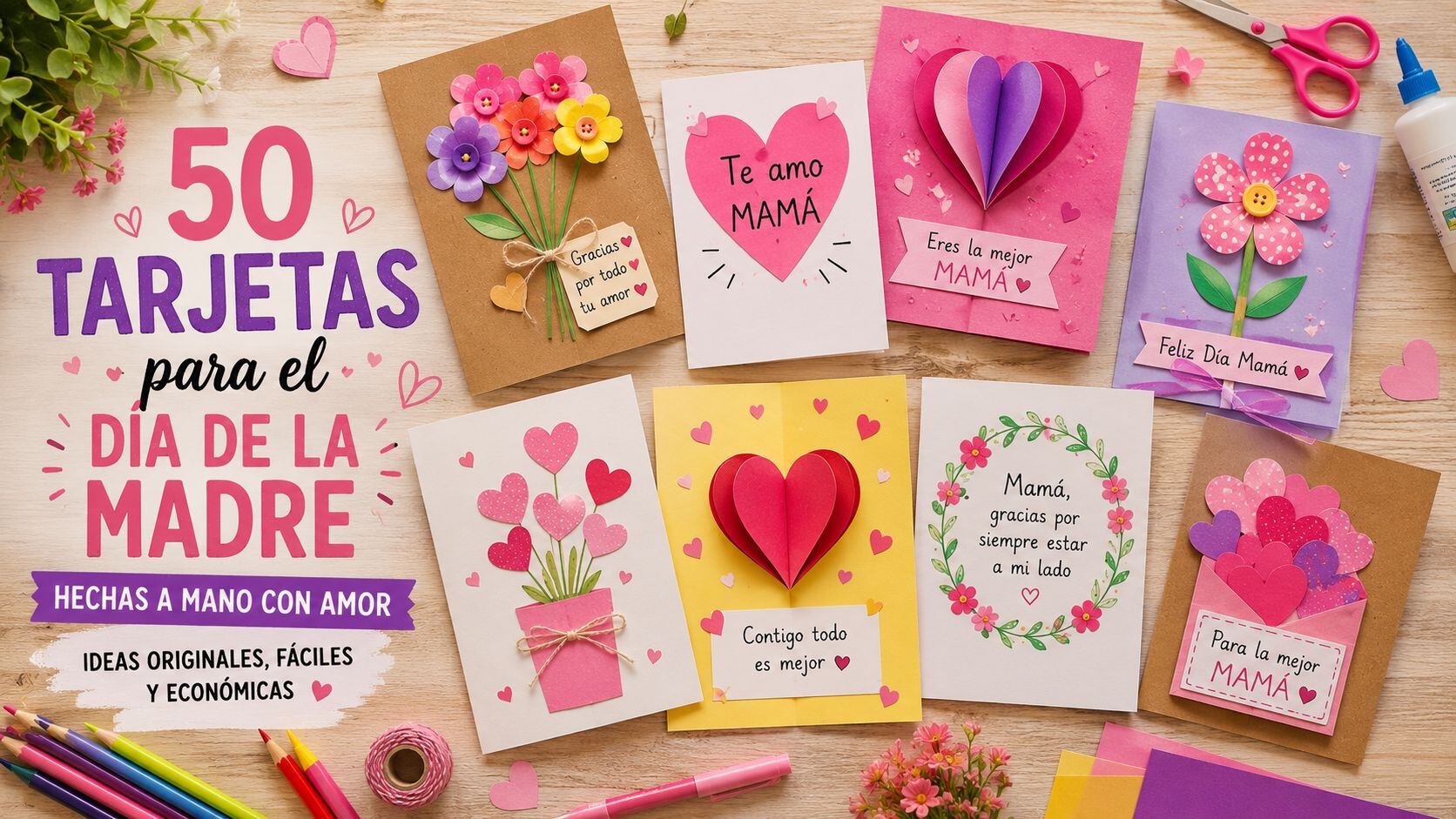 Una colorida variedad de tarjetas hechas a mano para el Día de la Madre, mostrando diseños creativos con corazones y flores, ideales para que los hijos las creen con amor. (Infobae)