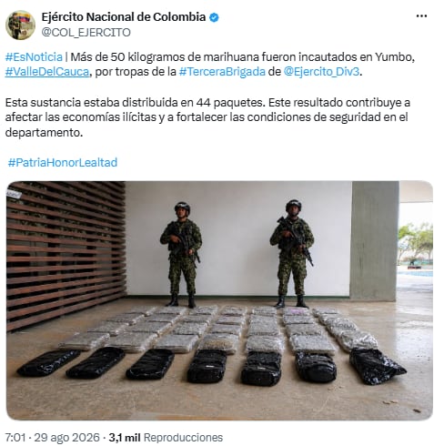 Autoridades frustran traslado de 44 paquetes de marihuana en Valle del Cauca - crédito @DavidToledoOsp/X