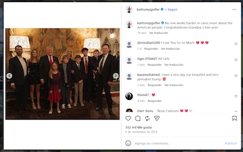 Captura de pantalla de Instagram: Donald Trump, Elon Musk y sus familias posan en una sala elegante con tapices. Se ven comentarios y botones de la red social