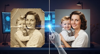 Imagen dividida mostrando una foto antigua dañada de una madre y su hijo a la izquierda, y su versión restaurada y coloreada a la derecha, con una mano digital en el centro.