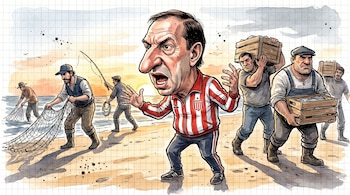 Caricatura de Carlos Bilardo gesticulando en una playa junto a pescadores con redes y hombres que cargan cajones de madera.