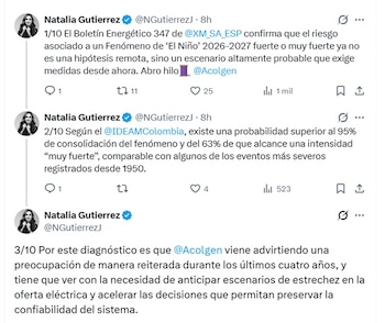 Natalia Gutiérrez, presidenta de Acolgen, dice que es necesario anticipar escenarios de estrechez en la oferta eléctrica - crédito @NGutierrezJ/X