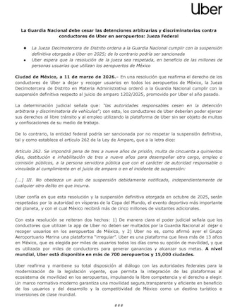Comunicado de Uber. (captura de