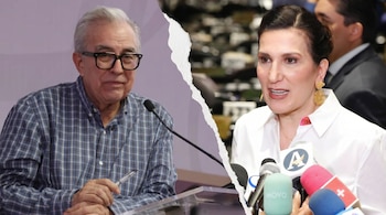 Imagen dividida: hombre canoso con gafas y camisa a cuadros a la izquierda. Mujer con camisa blanca y aretes dorados hablando a micrófonos a la derecha.