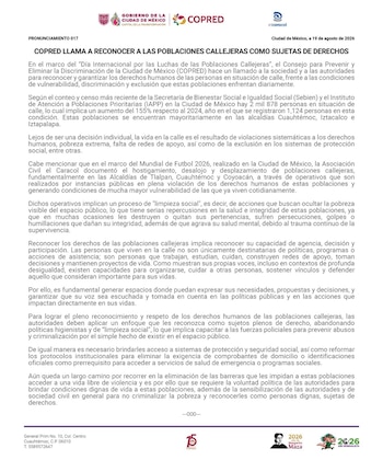 Documento con el pronunciamiento 017 de COPRED: 'COPRED llama a reconocer a las poblaciones callejeras como sujetas de derechos'. Incluye logos