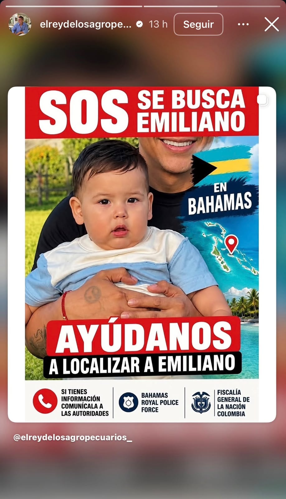 Expareja de Aida Victoria Merlano publicó fotografía del menor y su posible ubicación - crédito @elreydelosagropecuarios_/IG