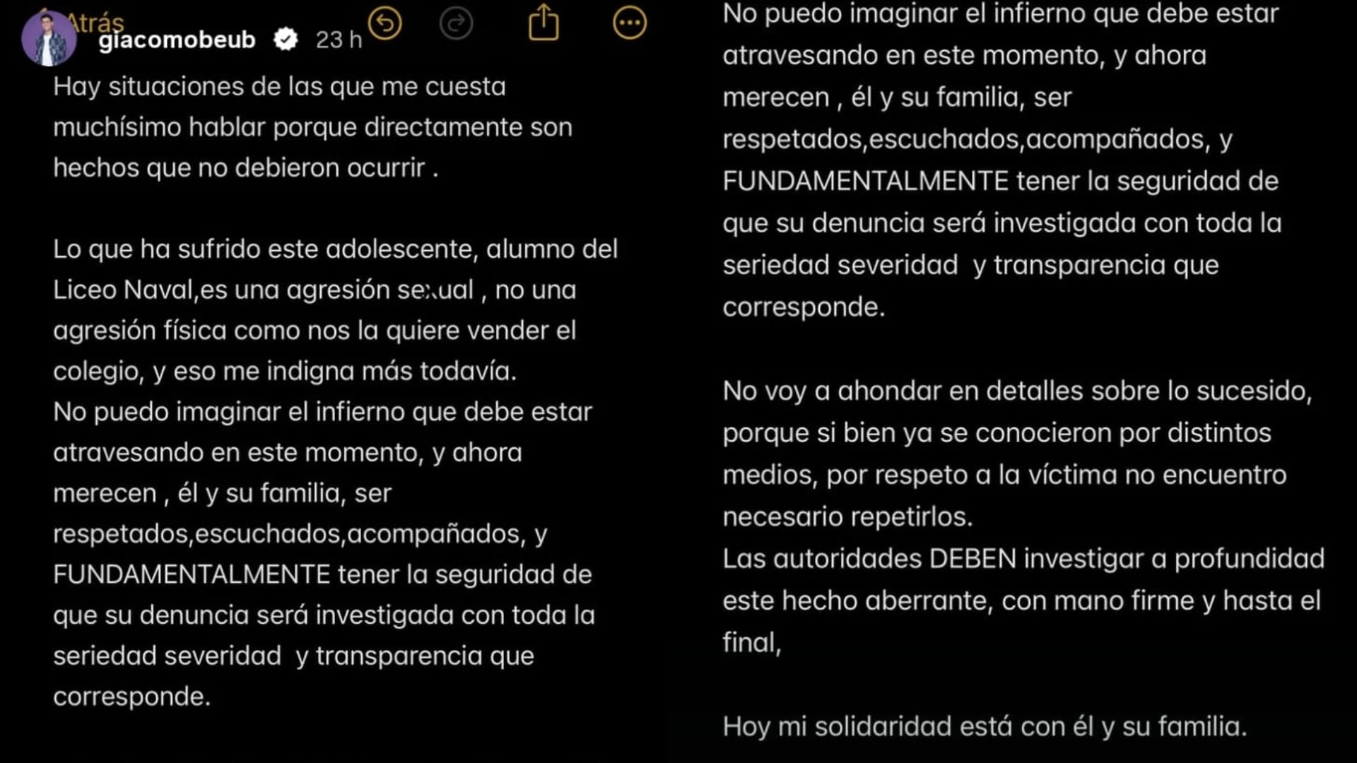 Giacomo Benavides se pronunció sobre el caso del Liceo Naval