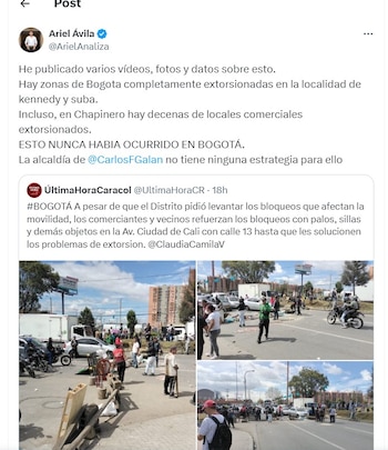 Ariel Ávila habla de las extorsiones en Bogotá - crédito @ArielAnaliza