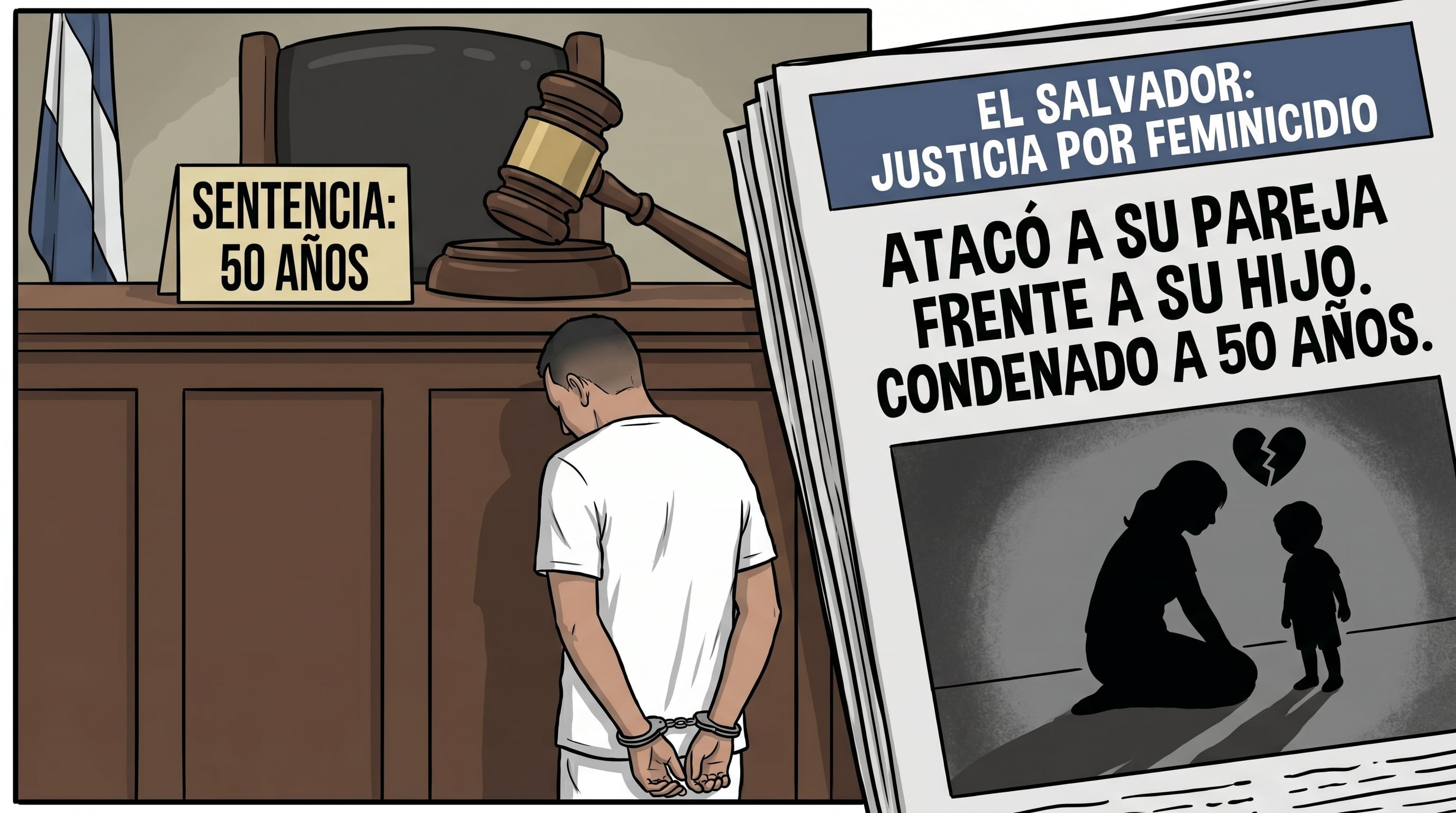Una caricatura ilustra la condena de 50 años de prisión impuesta a un hombre en El Salvador por el feminicidio de su pareja, un crimen perpetrado frente a su hijo. (Imagen Ilustrativa Infobae)