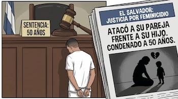 Ilustración de un hombre esposado en un tribunal con un cartel de "SENTENCIA: 50 AÑOS" y un periódico con la noticia de su condena por feminicidio.