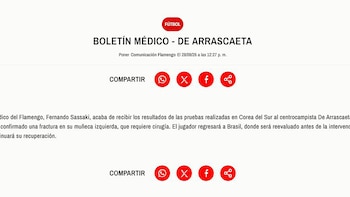 Un comunicado digital con el título Boletín Médico - De Arrascaeta, un párrafo explicativo e íconos rojos para compartir en redes sociales