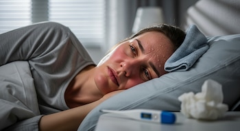 Primer plano de una mujer acostada en la cama con el rostro enrojecido y cubierto de sudor, un paño azul en la almohada y un termómetro en la mesita de noche.