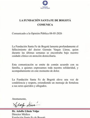 Comunicado de la Fundación Santa Fe de Bogotá sobre la salud de Germán Vargas Lleras - créditoFundación Santa Fe de Bogotá